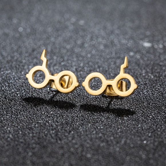 Gold Harry Potter Glasses Earrings Lightning Bolt Stud Earrings for Women Steel - Picture 1 of 6